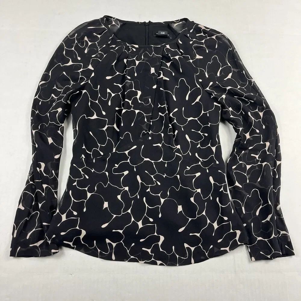Club Monaco Silk Blouse Black Pink Abstract Long Sleeve Back Zip Elegant Top S